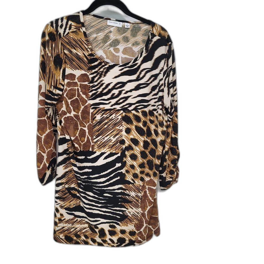 Susan Graver Brown and Cream Long Sleeve Scoop Neck Sheath Tunic
